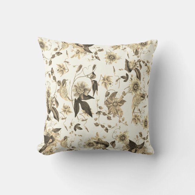 Coussin Élégante Fleurs de Passion Botanique Beige Vintage (Recto)