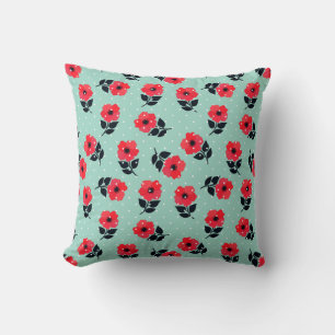 Coussin Elégante Fleurs rouges Aqua Blue Motif Pois