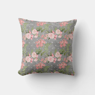 Coussin Élégante Fleurs Vintages Roses Vert Gris