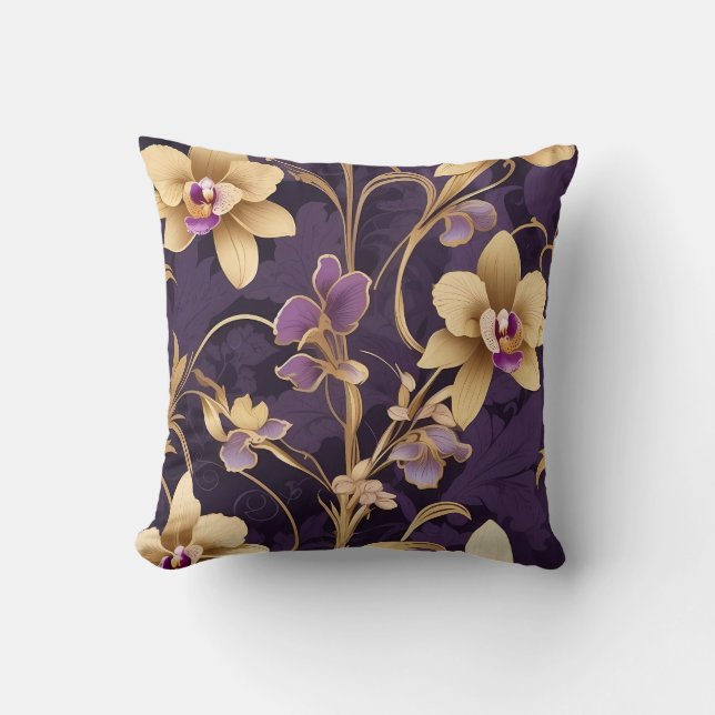 Coussin Elégante floraison d'orchidées dorées sur violet r (Recto)