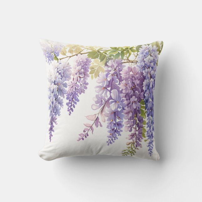 Coussin Elégante glycine d'aquarelle violette bleu floral (Recto)