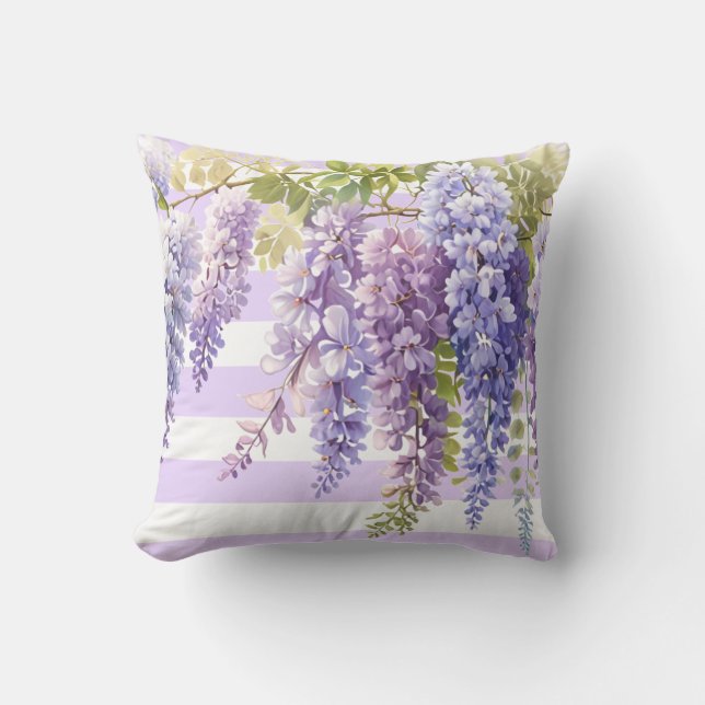Coussin Élégante glycine florale violet violet bandes blan (Recto)
