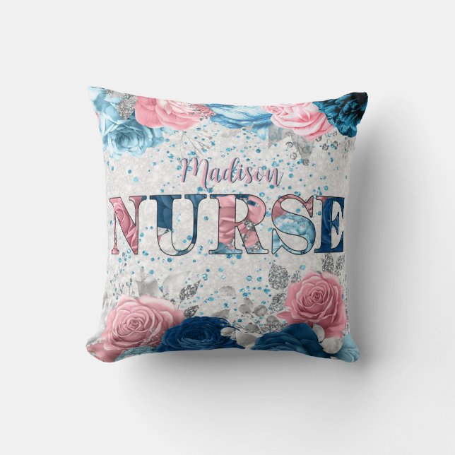 Coussin Élégante infirmière rose bleu argent personnalisé  (Recto)