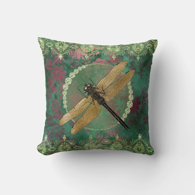Coussin Elégante libellule d'or en vert avec des pavillons (Recto)