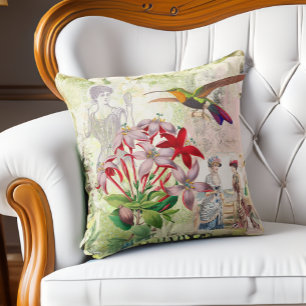 Coussin Élégante mode victorienne Collage Fleurs Oiseaux