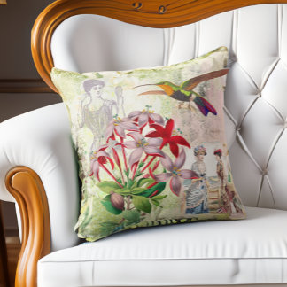 Coussin Élégante mode victorienne Collage Fleurs Oiseaux