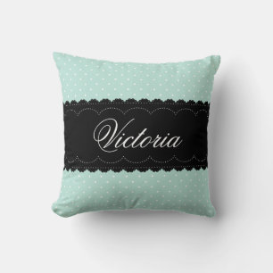 Coussin Elégante Monnaie Bleue Polka Dot Noir Dentelle Nom