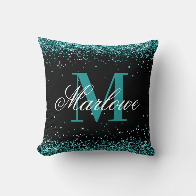 Coussin Élégante Parties scintillant Turquoise Monogramme  (Recto)