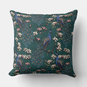 Coussin Elégante Peacocks Bleus, Fleurs Magnolia, Branches