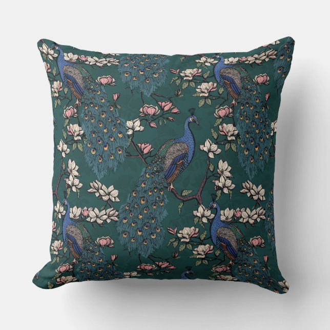 Coussin Elégante Peacocks Bleus, Fleurs Magnolia, Branches (Recto)