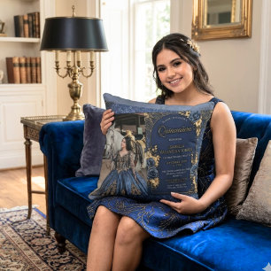 Coussin Élégante photo de Quinceañera bleu marine et or