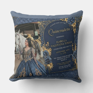 Coussin Élégante Photo de Quinceañera Bleu Nuit & Or