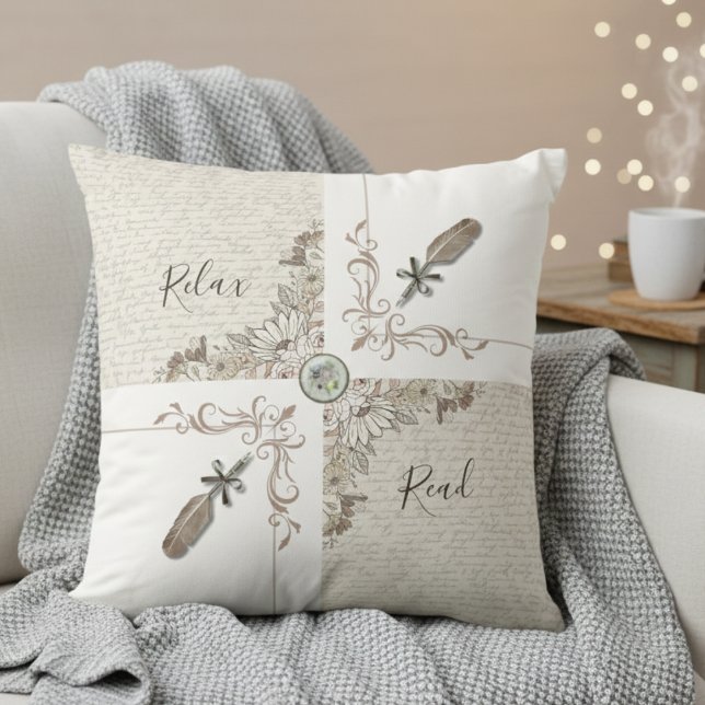 Coussin Élégante Plume Littéraire Blanche Décoration de Ma (Cozy up with a unique vintage style home decor throw pillow)