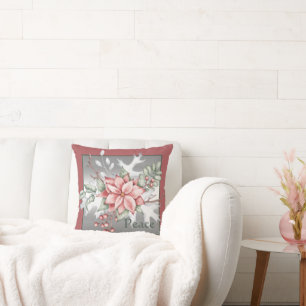 Coussin Élégante poinsettia aquarelle Noël personnalisé 