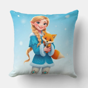 Coussin Élégante princesse d'hiver tenant un renard mignon