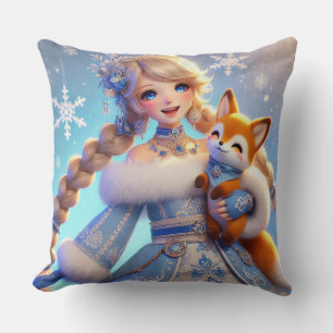 Coussin Élégante princesse d'hiver tenant un renard mignon