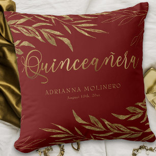 Coussin Élégante Quinceanera personnalisée rouge et or
