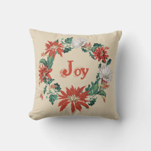 Coussin Elégante Red Joy Noël Floral Wreath sur beige