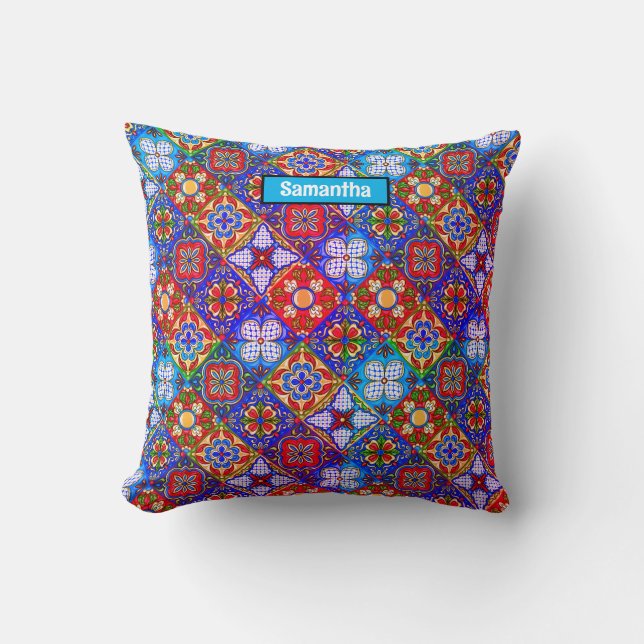 Coussin Elégante talavera mexicaine carrelage bleu violet  (Recto)
