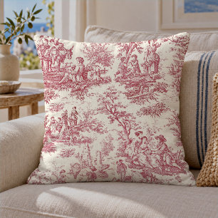 Coussin Élégante Toile de Jouy Rouge Vintage Française