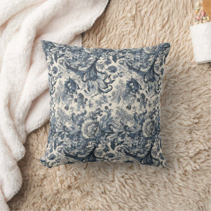 Coussin Elégante Toile Florale Bleu Vintage Fleurie