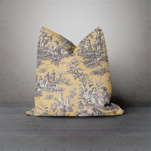 Coussin Elégante toile vintage noire jaune de jouy