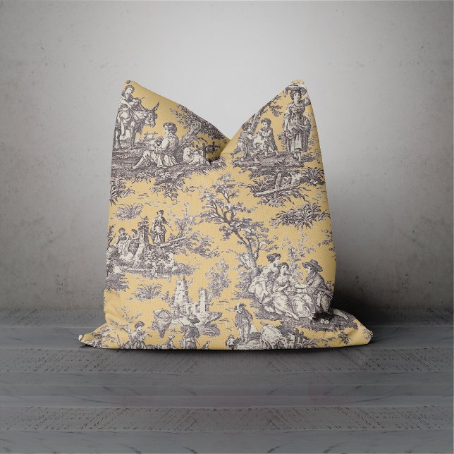 Coussin Elégante toile vintage noire jaune de jouy (Créateur téléchargé)