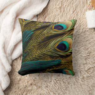 Coussin Elégante Turquoise Abstraite  Plumes Peacock Or