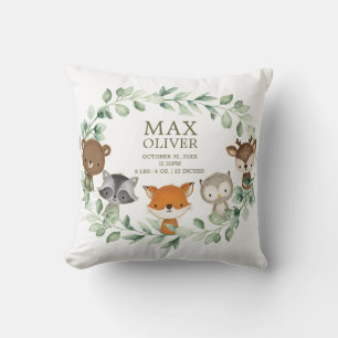 Coussin Élégante verdure Woodland Birth Stats Boy Nursery