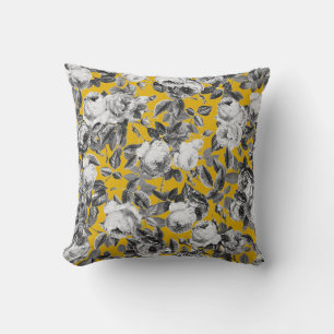 Coussin Elégante Vintage Roses Blanches Moutarde Jaune
