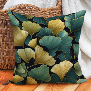 Coussin Élégantes feuilles de ginkgo vert et or sur fond n