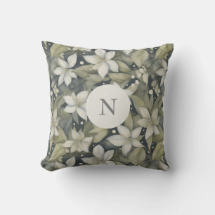 Coussin Élégantes fleurs blanches avec Feuilles sur gris