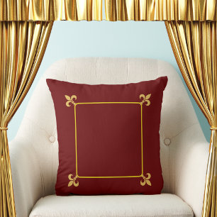 Coussin Élégantes fleurs de lis dorées sur fond rouge bord