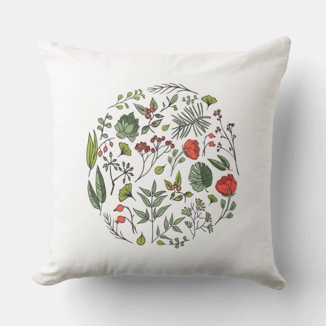 Coussin Élégantes fleurs feuille vert rouge (Recto)