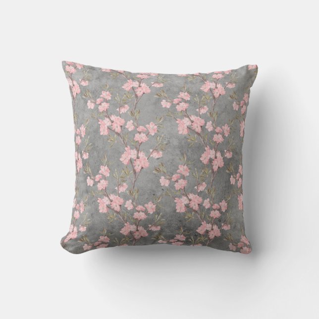 Coussin Élégantes fleurs roses délicates vintage grises (Recto)