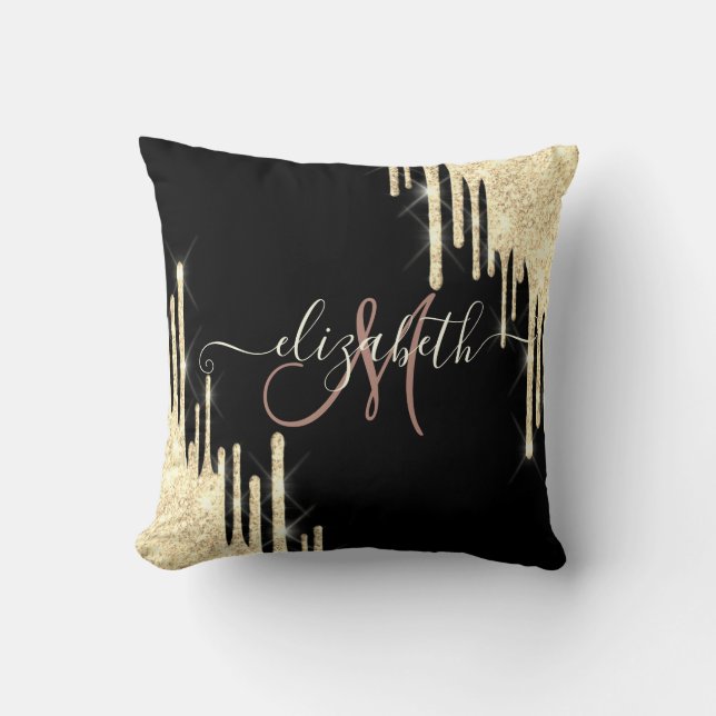 Coussin Élégantes gouttes de paillettes dorées Monogramme  (Recto)