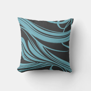 Coussin Elégantes lignes de flux en turquoise sur noir
