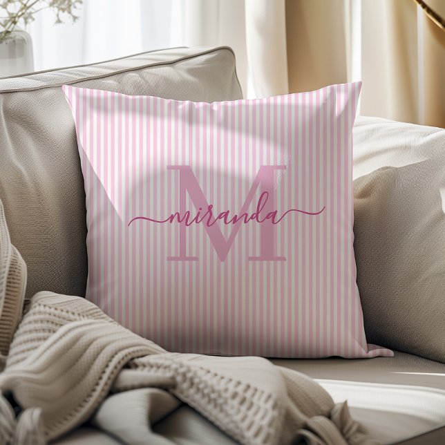 Coussin Élégantes rayures roses et blanches Monogramme Nom (Créateur téléchargé)