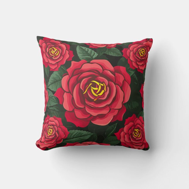 Coussin Elégantes Roses rouges avec Motif Feuille vert ver (Recto)