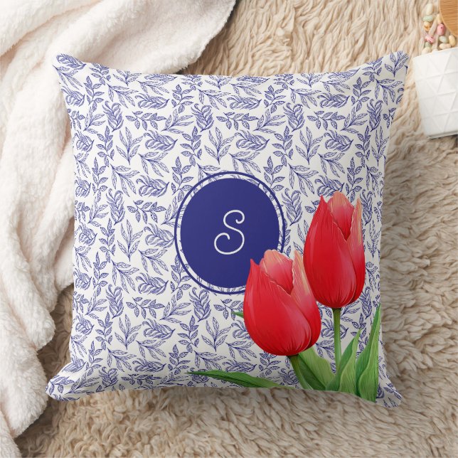 Coussin Élégantes Tulipes Rouges Printemps Floral Blue Mon (Couverture)