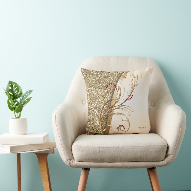 Coussin Élégantes Volutes Pailletées d'Or (Chaise)
