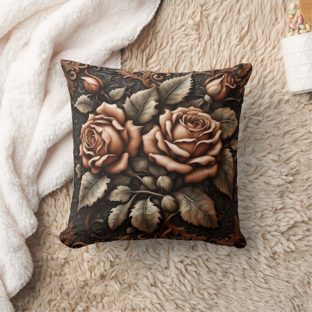 Coussin Élégants Roses sculptés dans un design orné foncé (Couverture)