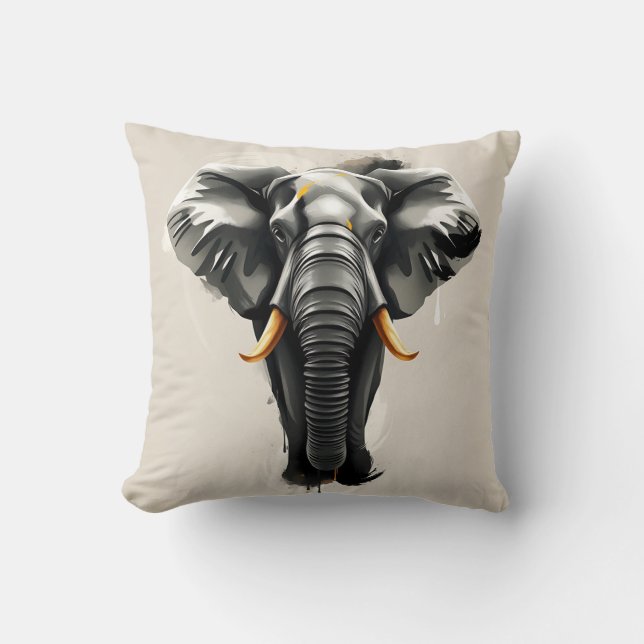 Coussin Éléphant Abstrait avec Défenses en Or sur Fond Ton (Recto)