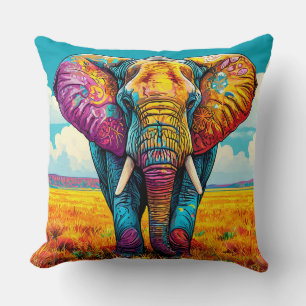 Coussin Eléphant artistique vif dans un champ coloré