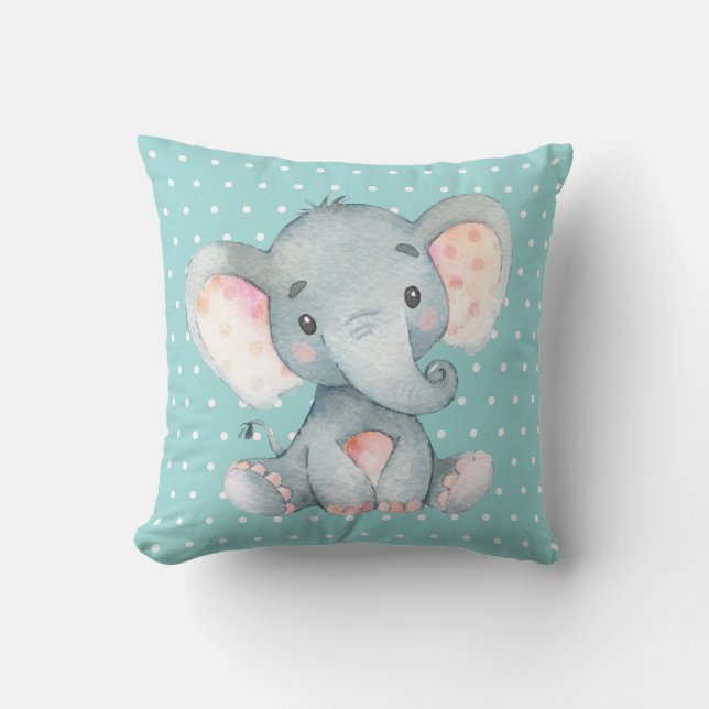 Coussin Éléphant Bébé Aqua Sarcelle Turquoise et Gris (Recto)