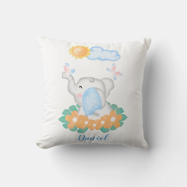 Coussin Eléphant Bébé mignon avec fleurs orange Cushion (Recto)