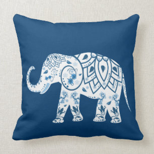 Coussin Éléphant bleu modelé fleuri