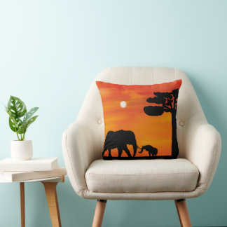 Coussin éléphant, ,ciel ,animaux ,lever de soleil ,nature