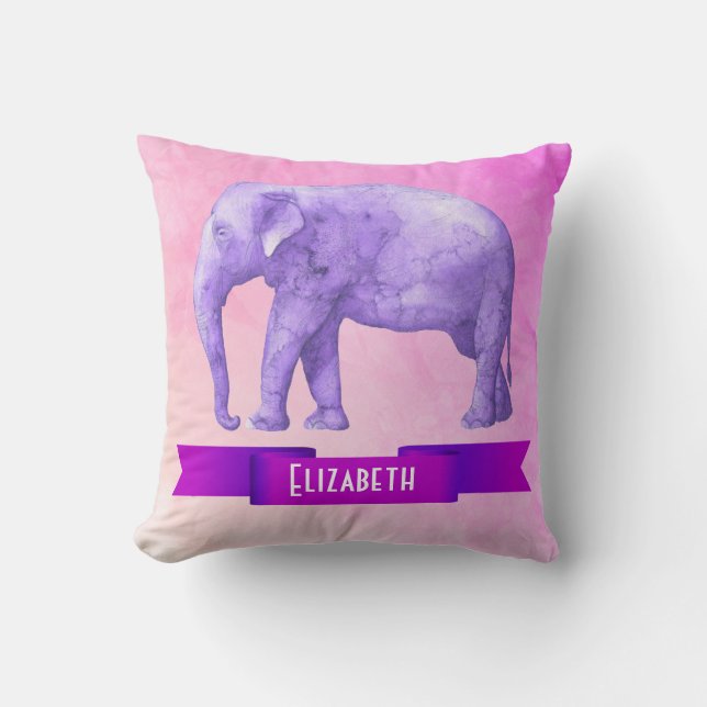 Coussin Eléphant d'aquarelle violet personnalisé sur rose (Recto)