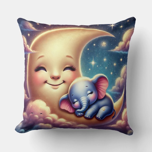Coussin Éléphant de bébé mignon dormant sur une lune (Recto)